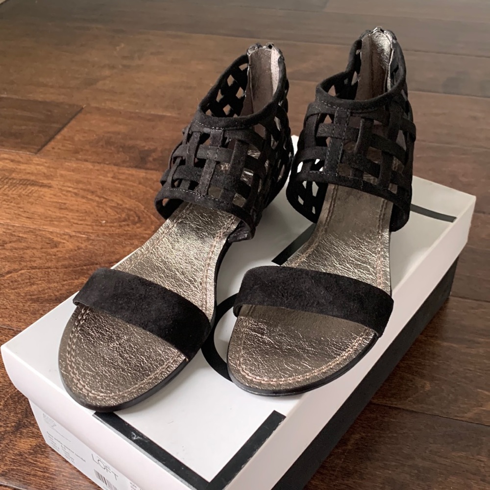 NIB LOFT Black Leather Ankle Weave Sandal Size 6.5